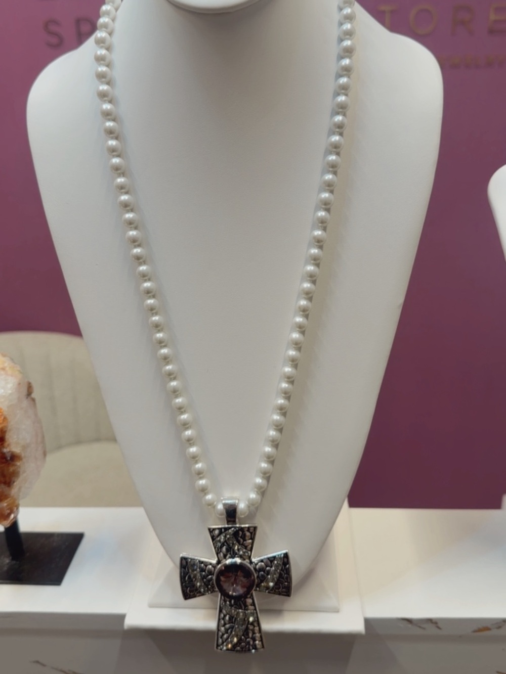 Pearl Beaded Necklace with Cross Pendant - White